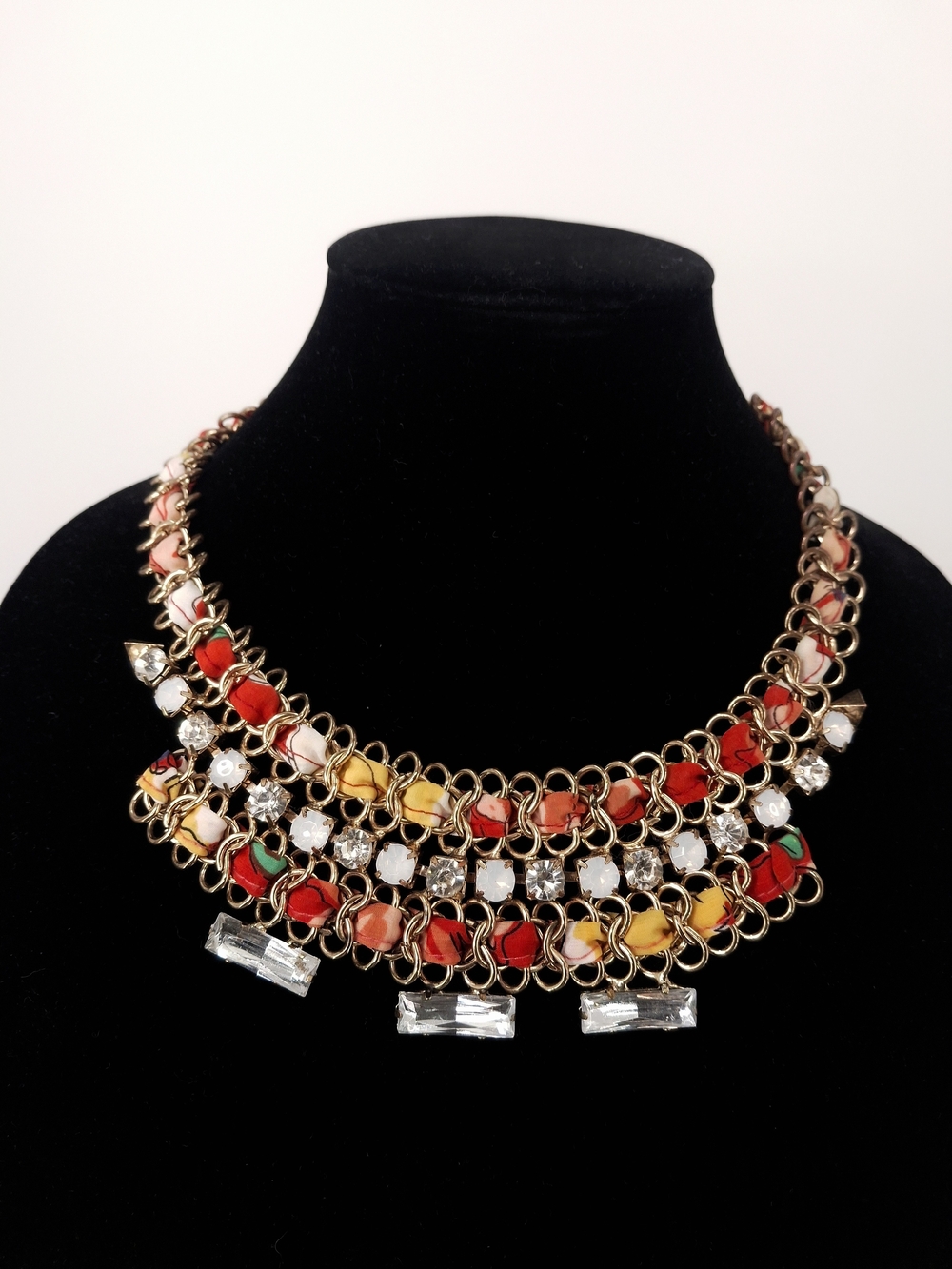 ✨Vintage Erica Lyons Signed Fabric & Crystal Statement Bib Necklace✨